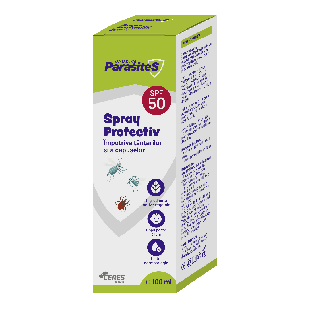 Spray repelent importiva tantarilor si a capuselor SPF 50, Santaderm Parasites, 100 ml