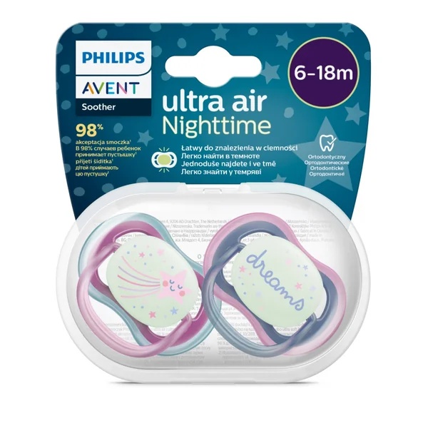 Suzete fosforescente Ultra Air SCF376/14 pentru 6-18 luni, Roșu/Albastru, 2 bucăți, Philips Avent