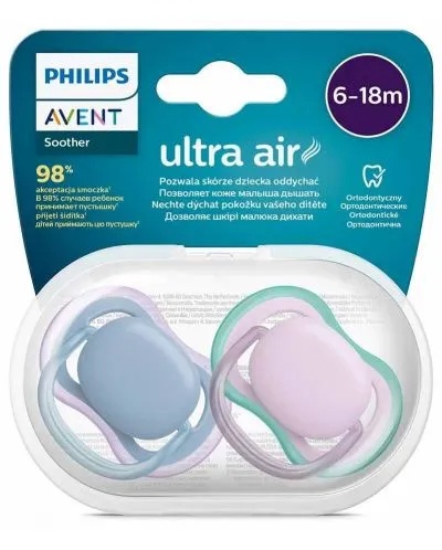 Suzete Ultra Air Albastru/Mov, 6-18 luni, 2 bucati, SCF085/34, Avent