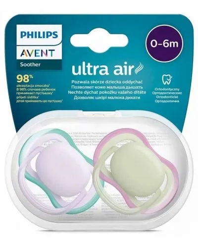 Suzete Ultra Air Mov/Verde, 0-6 luni, 2 bucati, SCF085/24, Avent