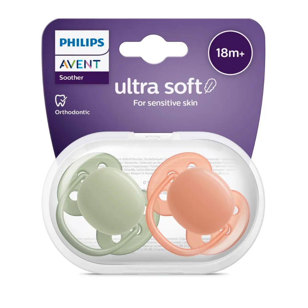 Suzete Ultra Soft portocaliu/verde 18l+, 2 bucati, SCF093/01, Avent
