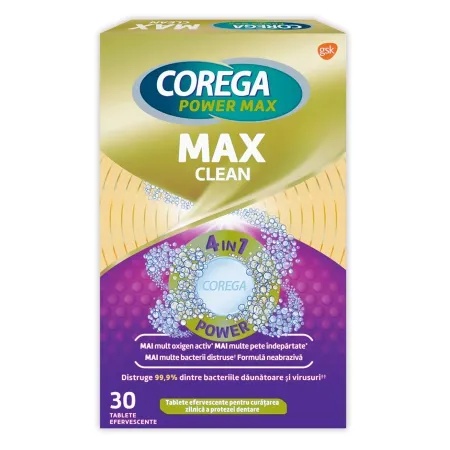 Tablete efervescente Max Clean pentru curatarea zilnica a protezei, 30 tablete, Corega