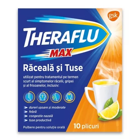 Theraflu Max raceala si tuse 1000mg/12,2mg/200mg, 10 plicuri, GSK