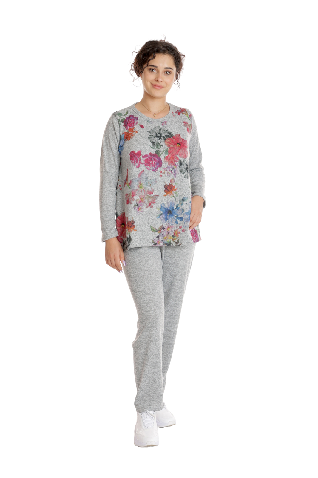 Tinuta dama CT24086 gri melanj/floral multicolor, Cesy | marimea M