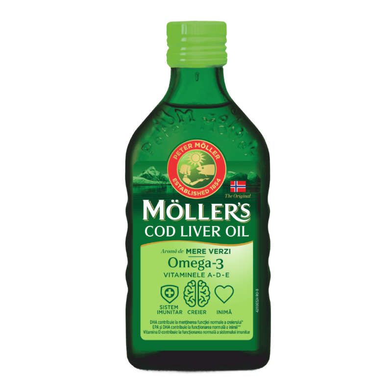 Ulei din ficat de cod cu aroma de mere verzi, 250 ml, Moller's