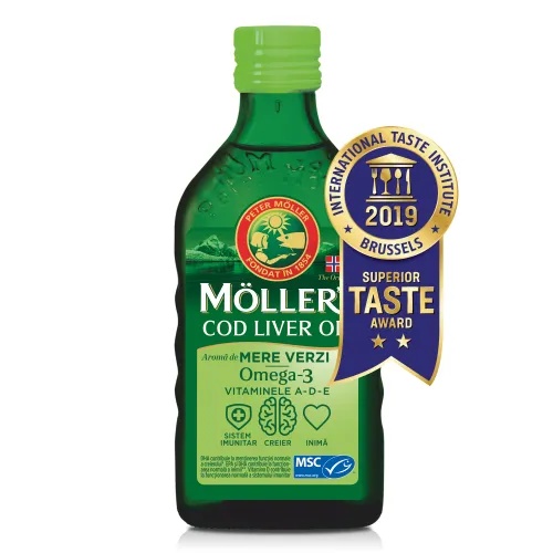 Ulei din ficat de cod cu aroma de mere verzi, 250ml, Moller's