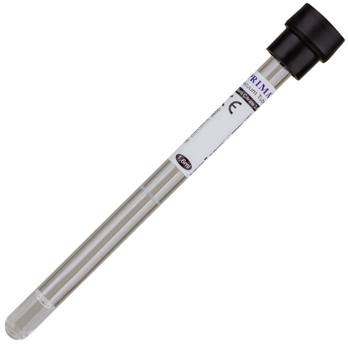 Vacutainer VSH 1.6 ml, cu capac negru, Na Citrat 3,8%, sticla, 8x120 mm, PRIMA, 100 bucati