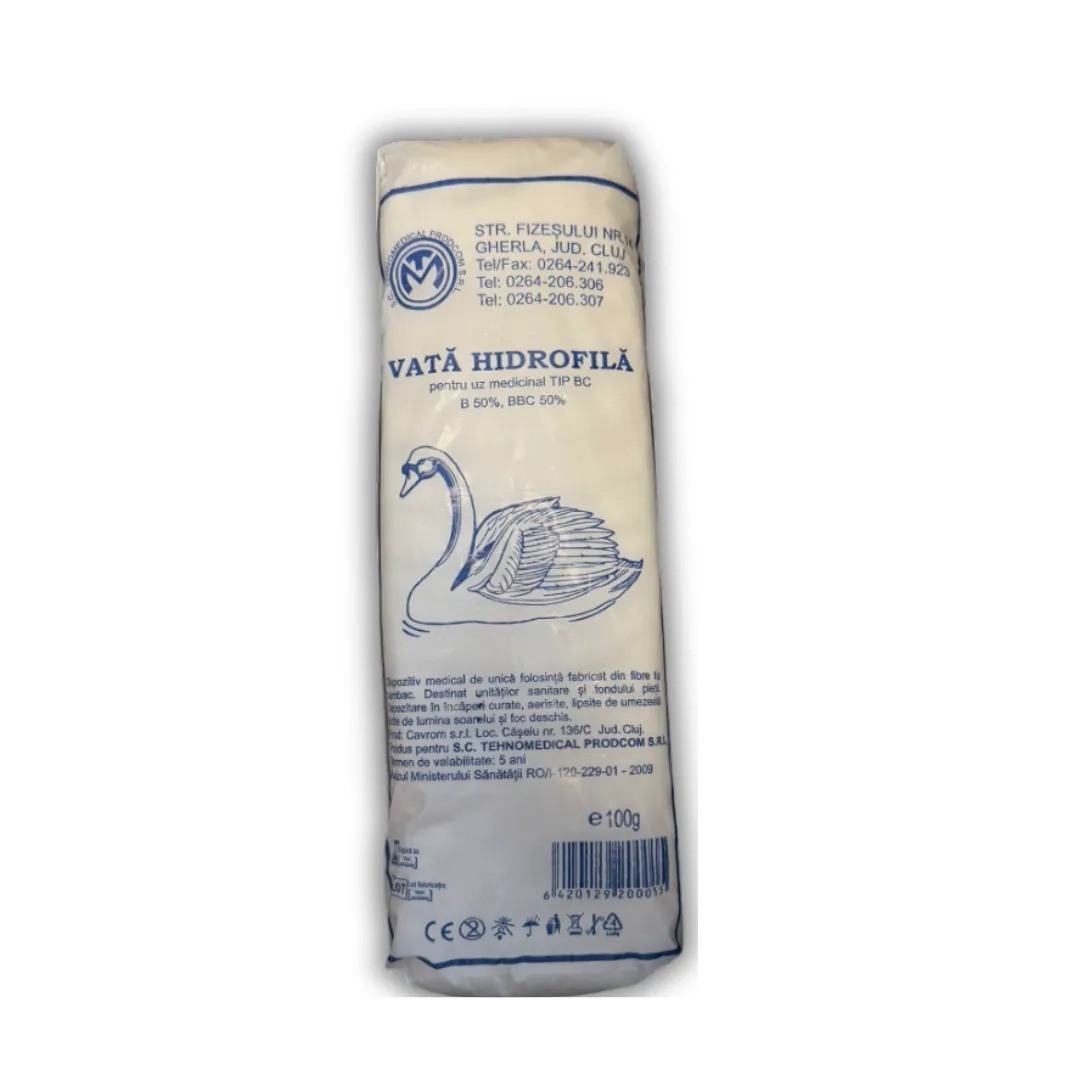 Vată hidrofilă pentru uz medicinal tip BC, 100g, Tehnomedical Prodcom