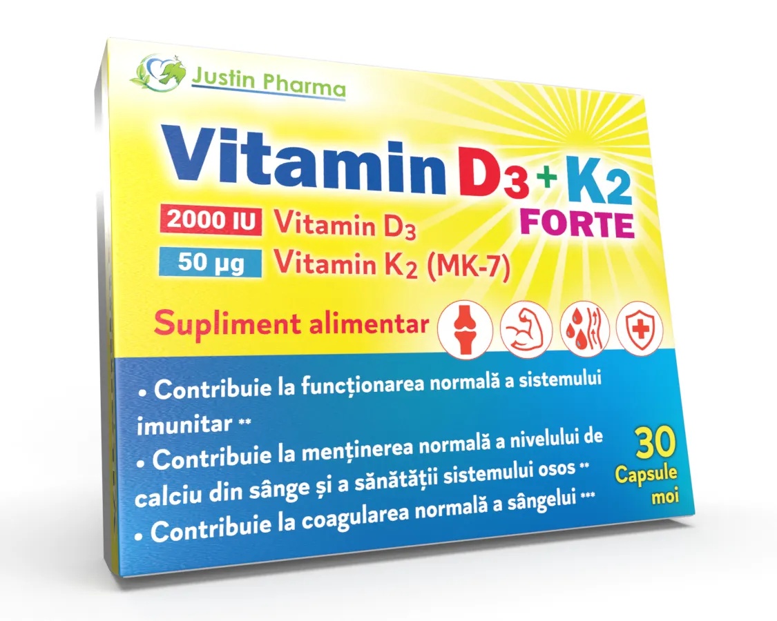 Vitamin D3+K2 Forte, 30 capsule moi, Justin Pharma