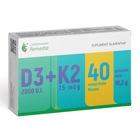 Vitamina D3 2000UI + K2 75mg, 40cpr, Remedia