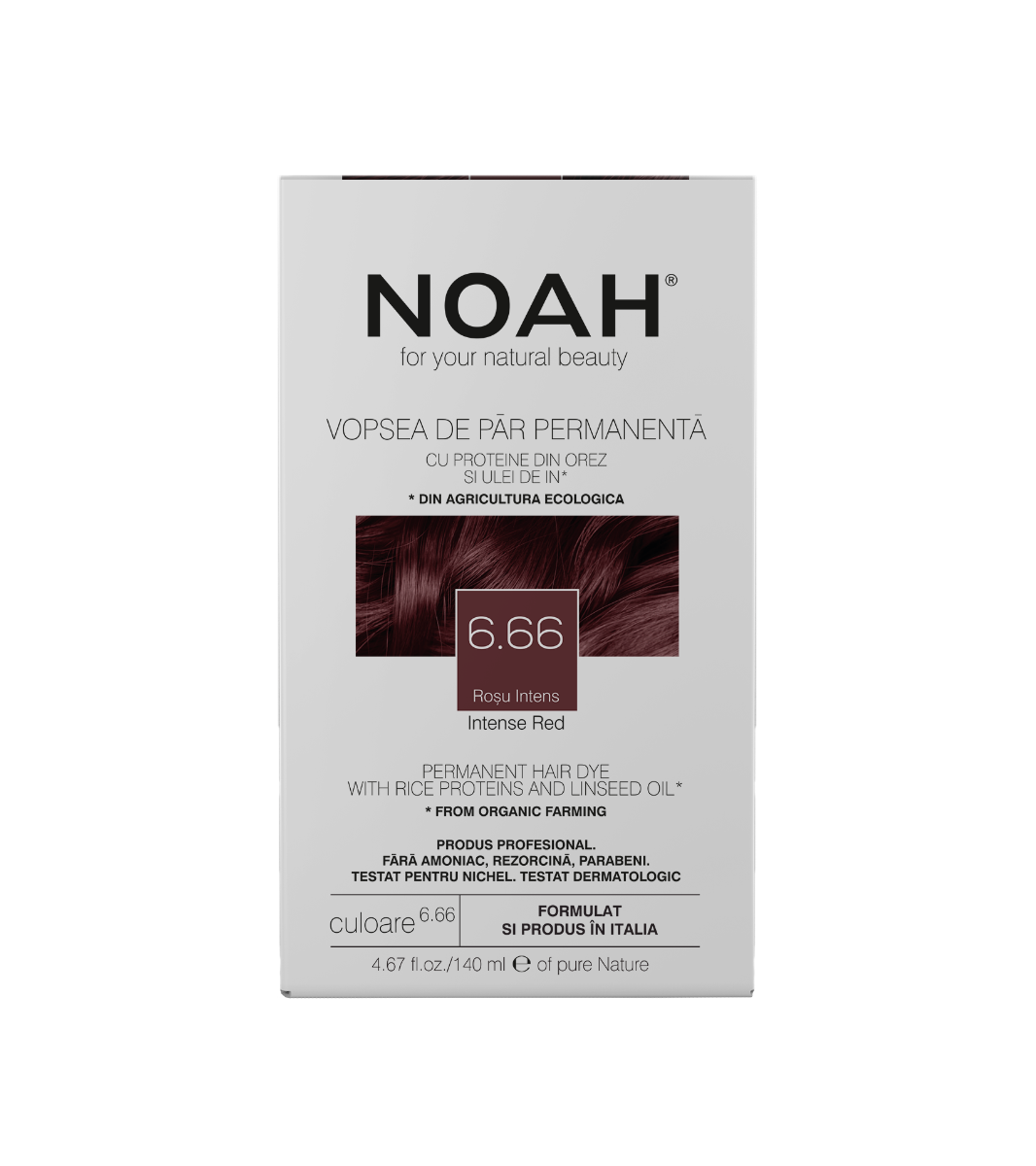 Vopsea de par naturala Rosu inchis (6.66), 140ml, Noah